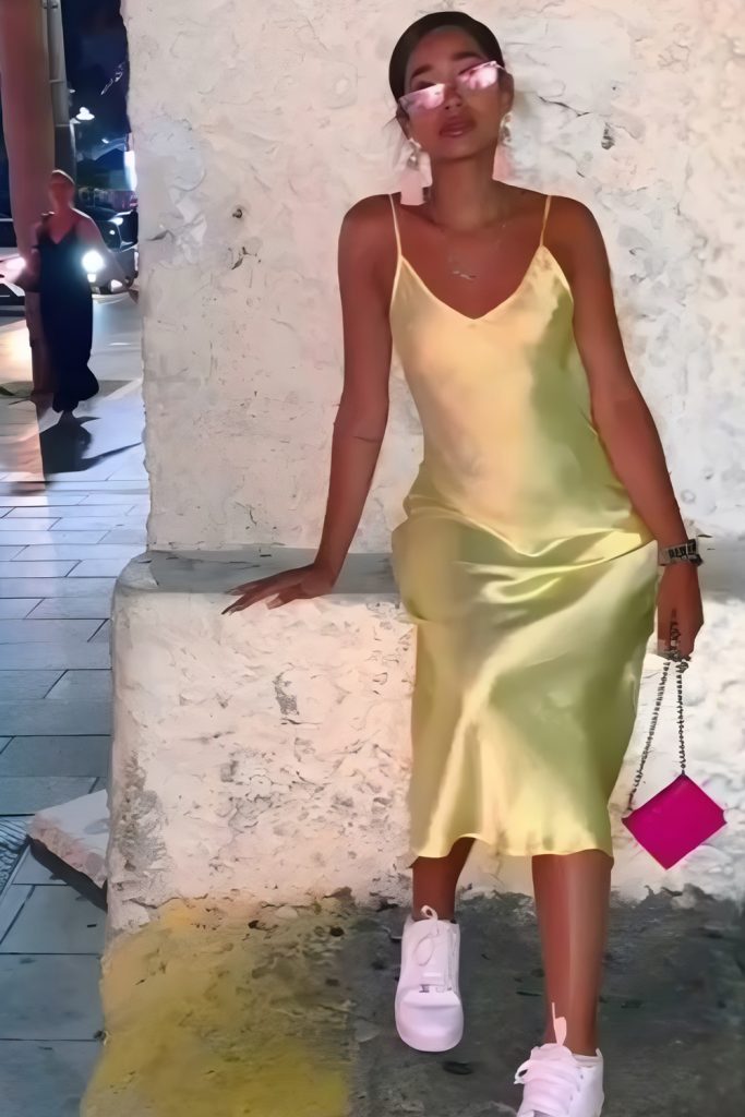 Silky Slip Dress and Sneakers