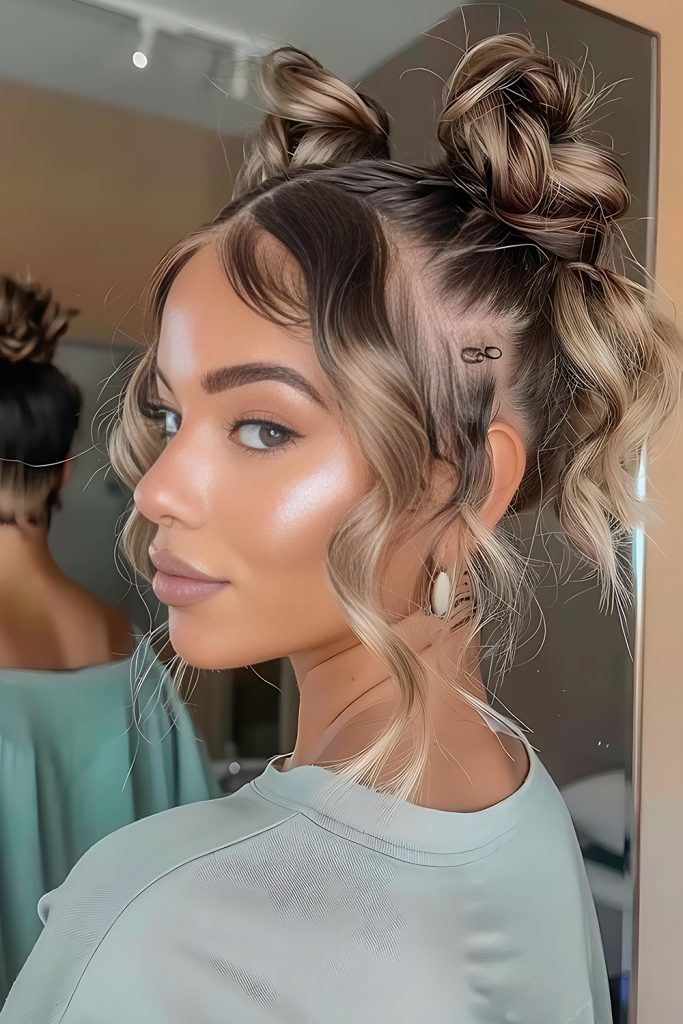Curly space buns with face-framing pieces and a mint green sweatshirt