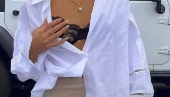 The Unbuttoned Button Up Over a Barely There Bralette