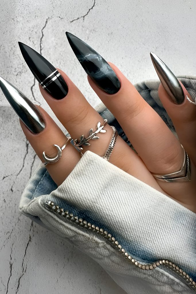 Black and Silver Foil Nails for Glam Goth Vibes