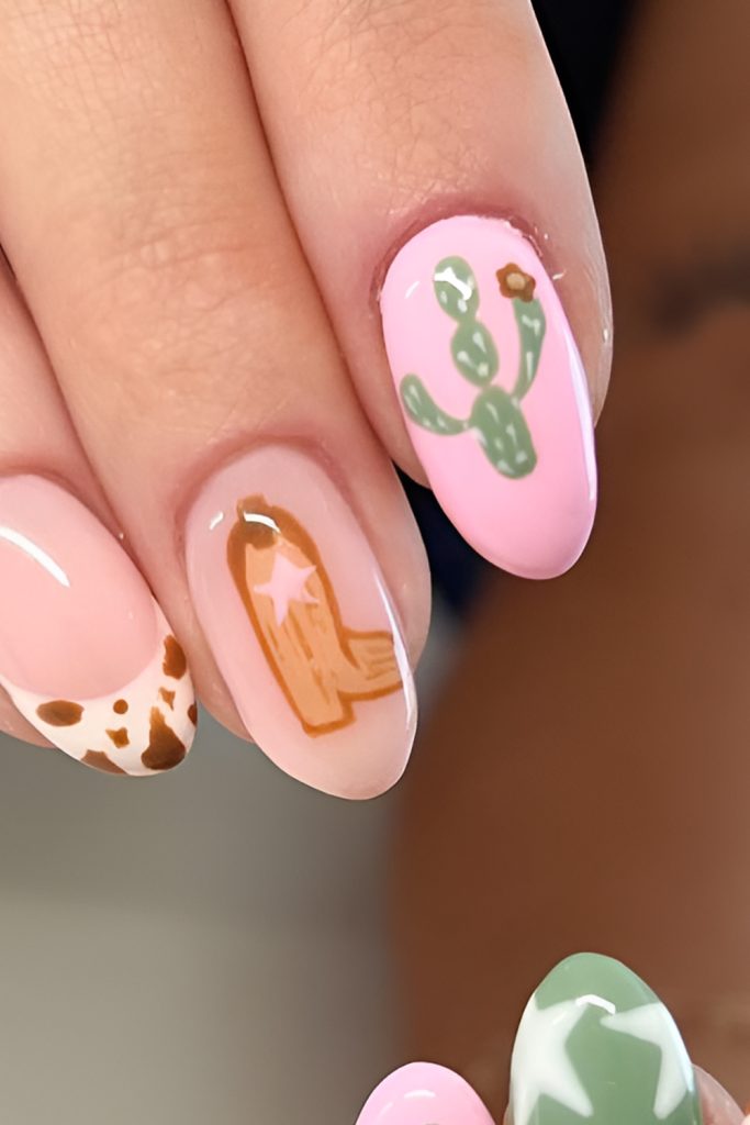 Coral Nails with Mini Cowgirl Boot Icons