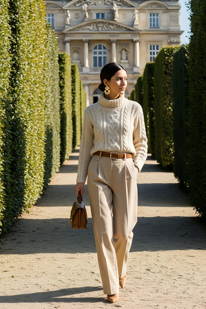 Cream Knit Sweaters with Wide Leg Trousers