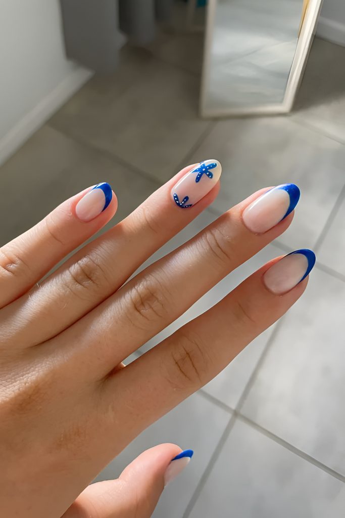 Denim Blue Nails with White Stitch Detailing