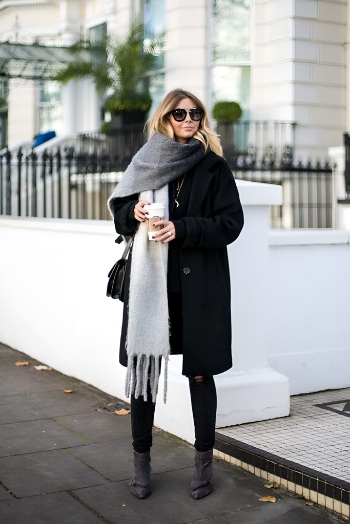 Dress Up Your Leggings With An Oversized Coat and Statement Scarf