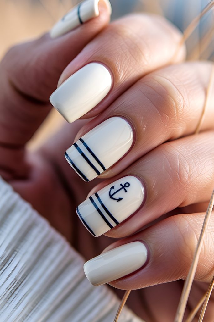 Matte Navy Nails with White Rope Borders