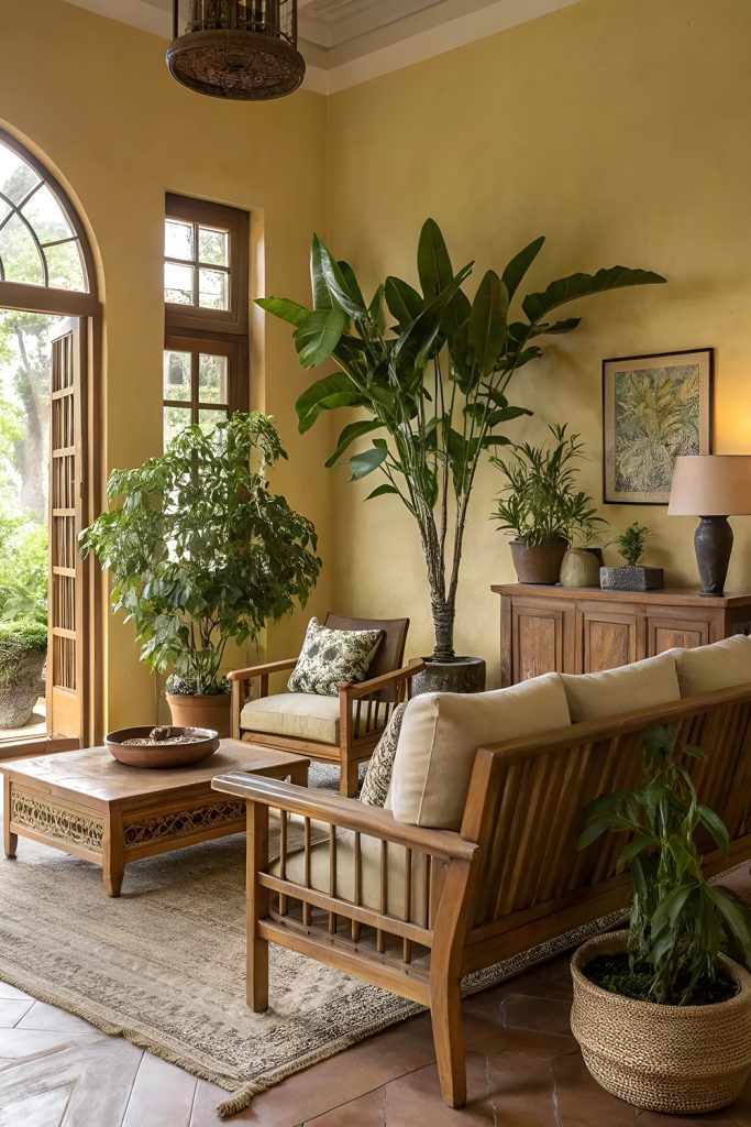 Nature Inspired Living Room with Earthy Yellows and Green Accents