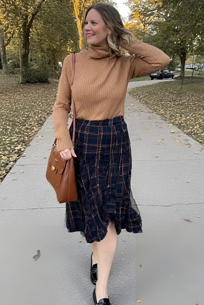Neutral Turtleneck and Plaid Skirt