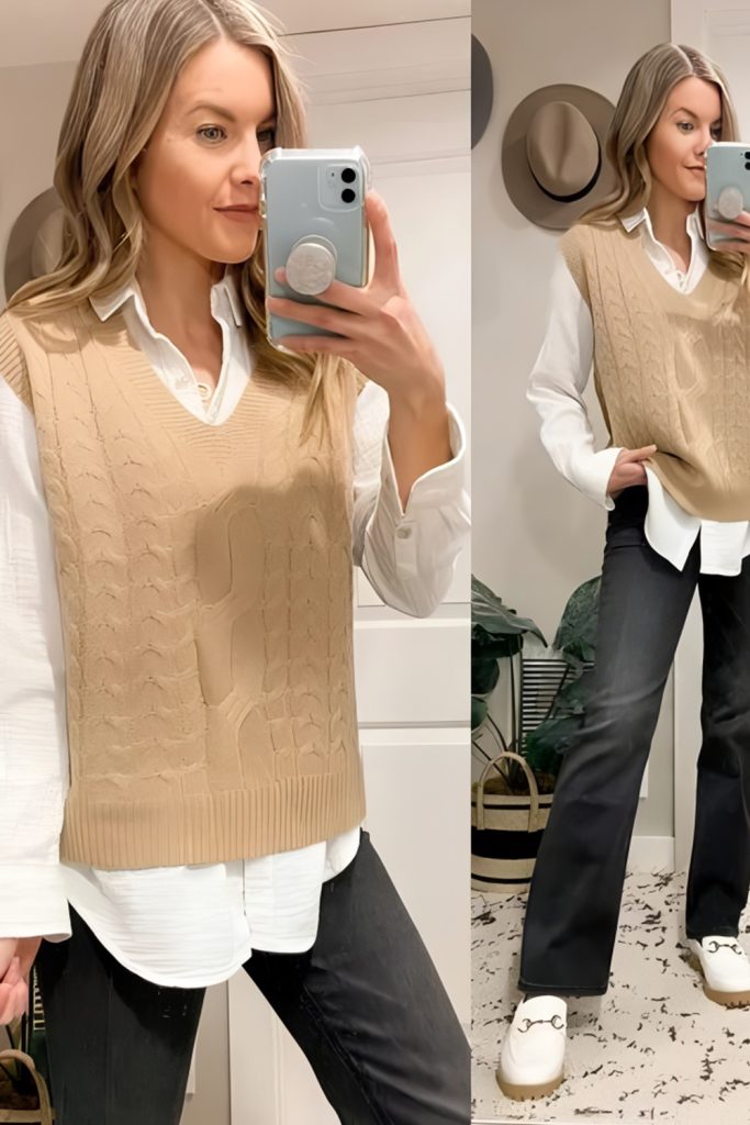 Oatmeal Sweater Vests Over Crisp Button Down Shirts