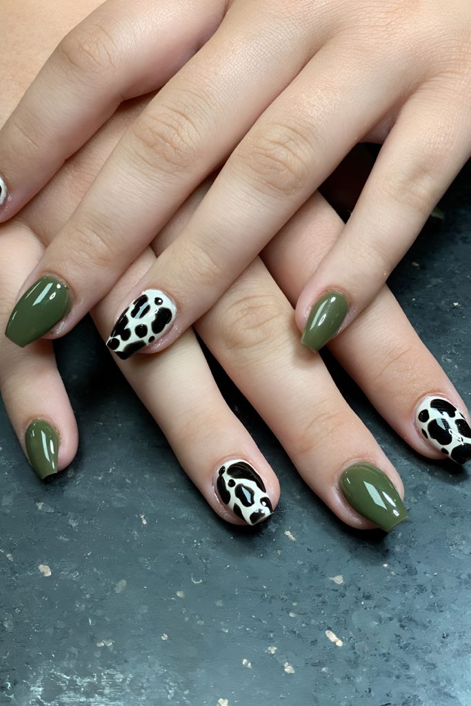 Olive Green Nails with Mini Cattle Skull Decals