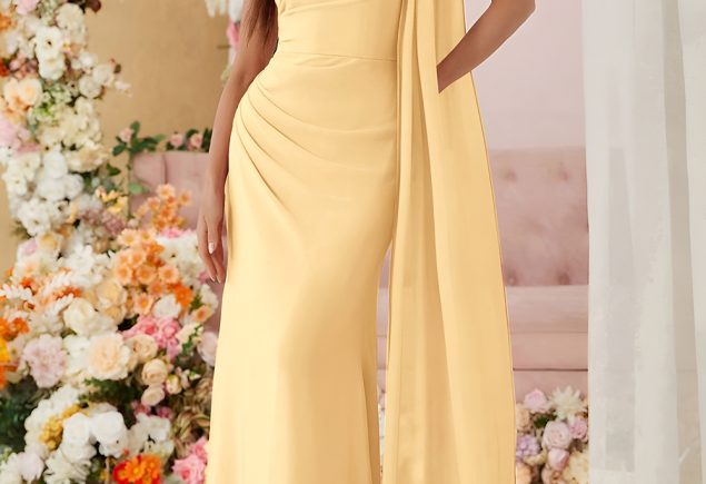 One Shoulder Chiffon Gown with Slit
