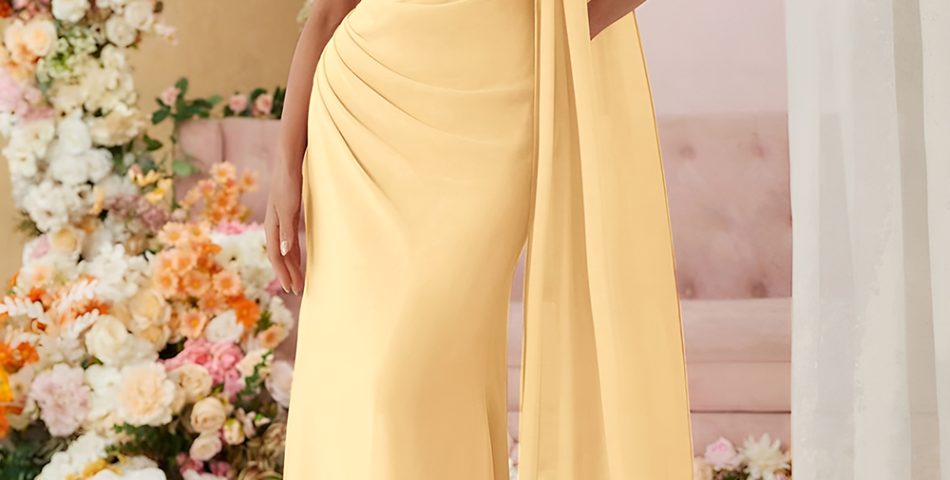 One Shoulder Chiffon Gown with Slit