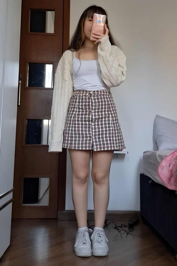 Plaid Mini Skirts, Tights, and Cropped Cardigans
