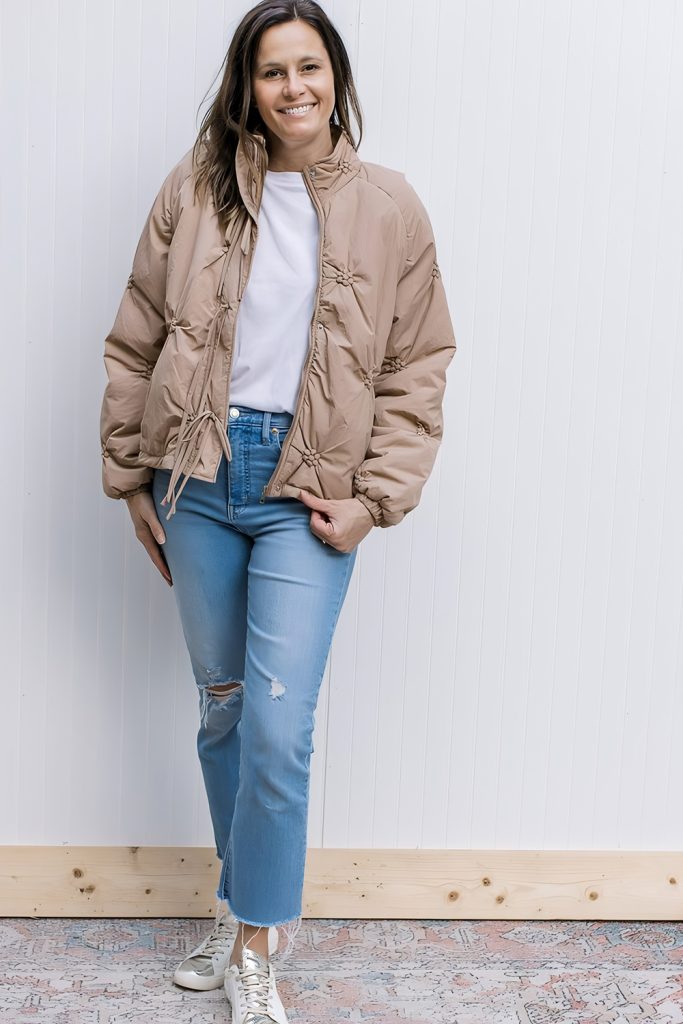 Sandstone Colored Puffer Jackets Over Casual Layers