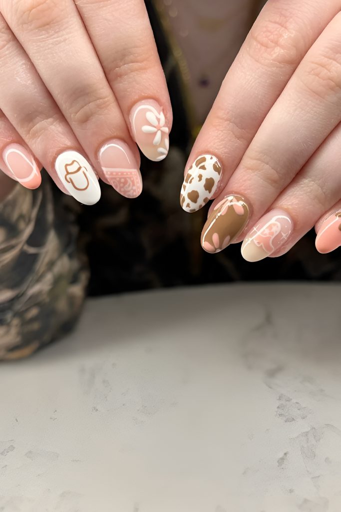 Soft Peach Nails with Minimal Cowgirl Hat Icons