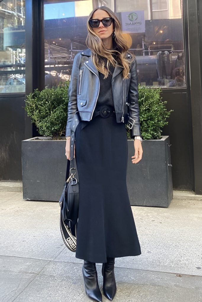 Statement Leather Jacket Over a Midi Dress
