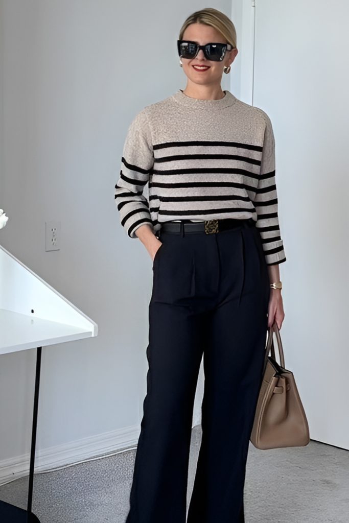 Striped Knitwear, Wide Leg Trousers, and Ballet Flats
