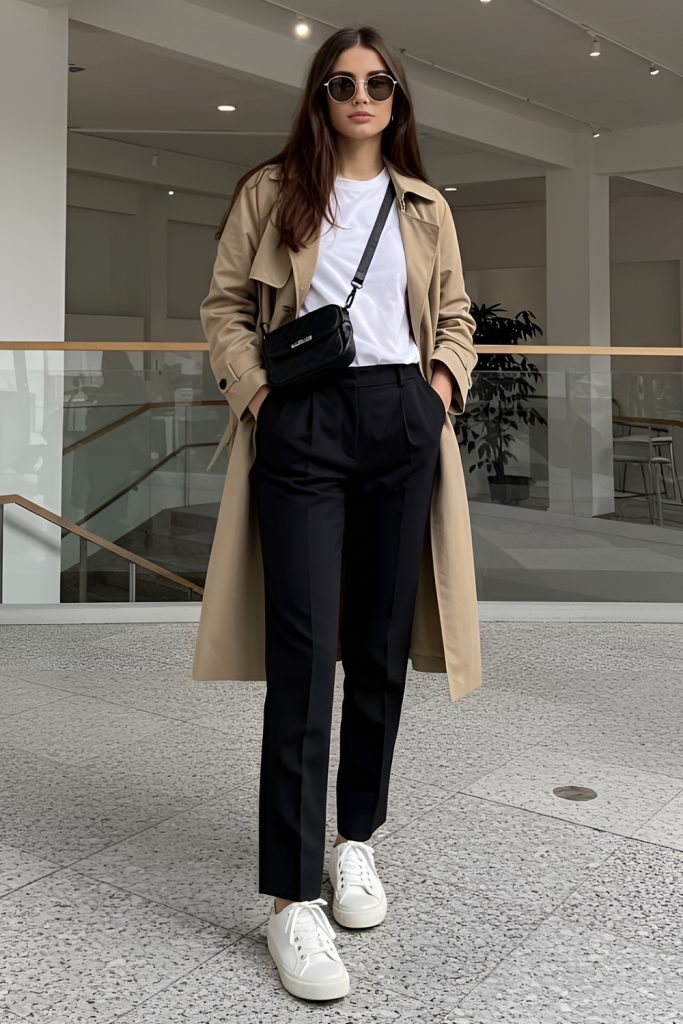 The Foolproof Trench Coat and Tailored Trousers Outfit