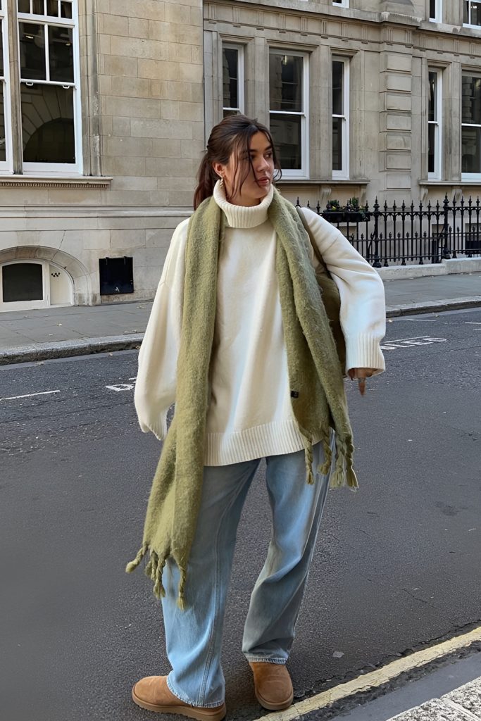 A Comfortable Fall Style with Baggy Jeans and Oversized Scarves