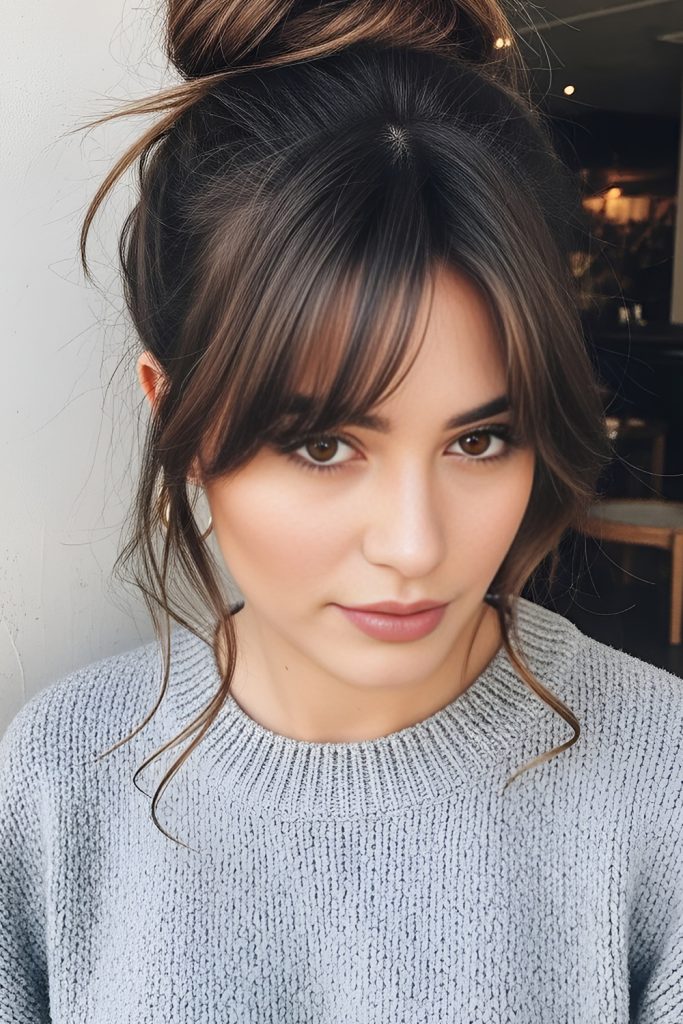 Everyday Ease with Messy Top Knot and Soft Bangs