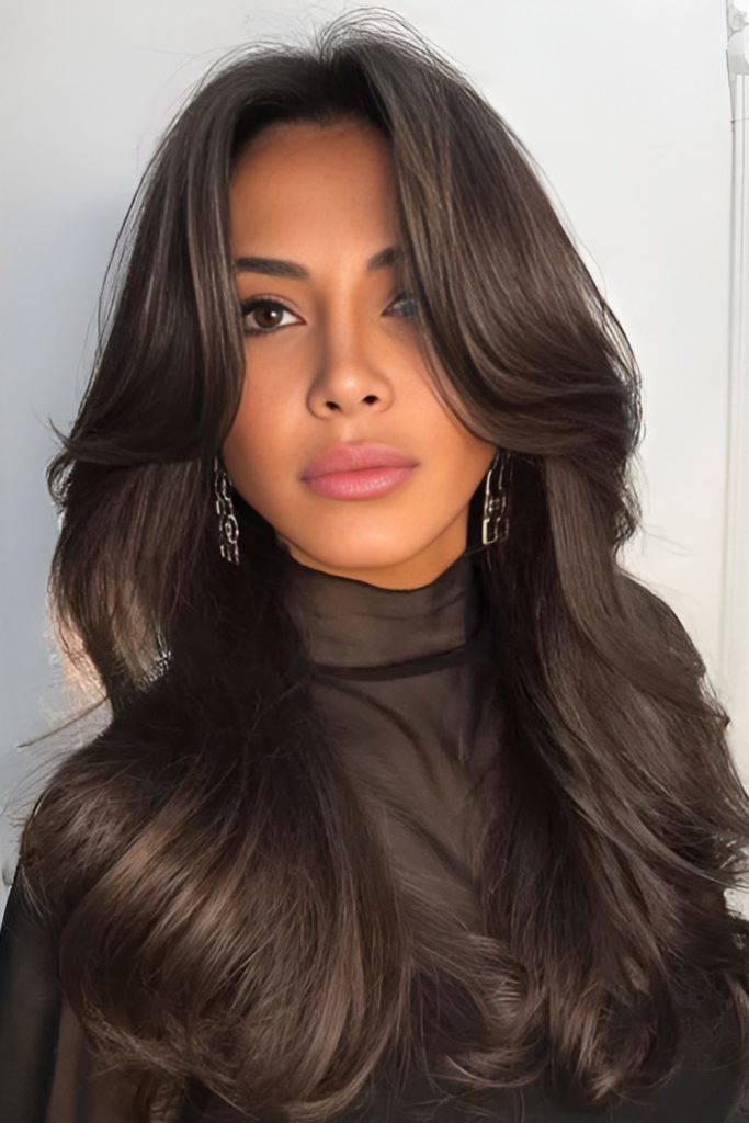 Glamorous Blowout with Curtain Bangs for Added Volume