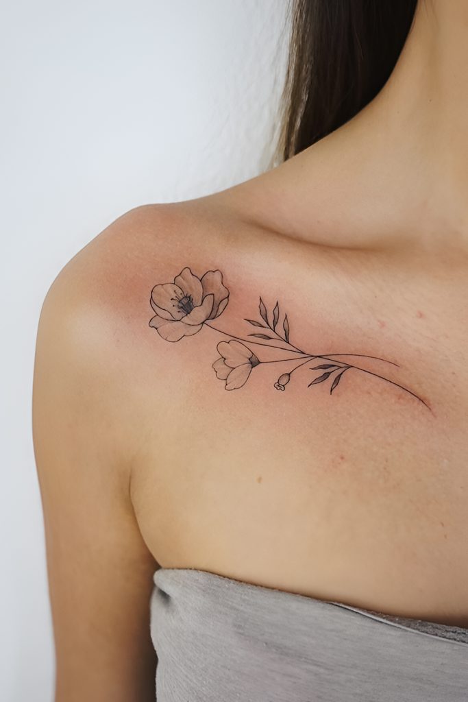 Minimalist Poppy Outline on the Collarbone
