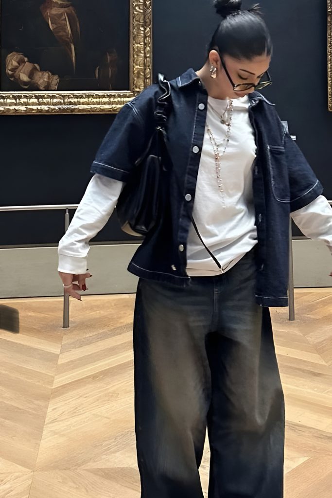 Monochrome with Black Baggy Denim for a Smooth Edge