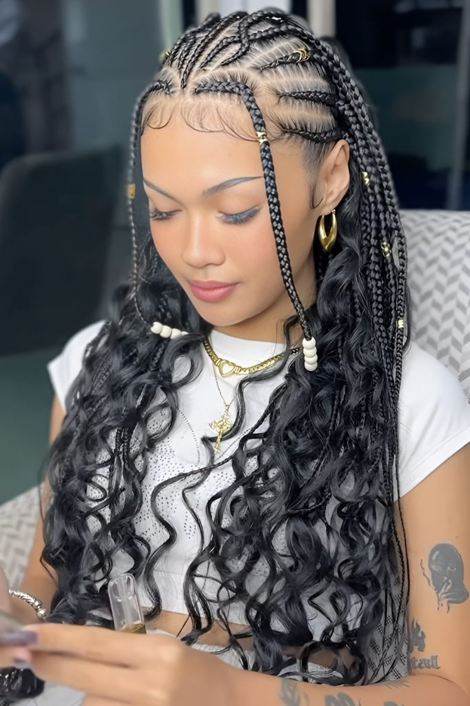 Side Swept Fulani Knotless Braids with Bead Accents
