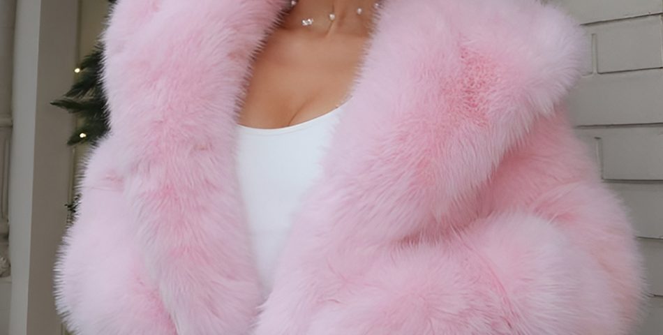 Baby Pink Faux Fur Coat over a White Jumpsuit
