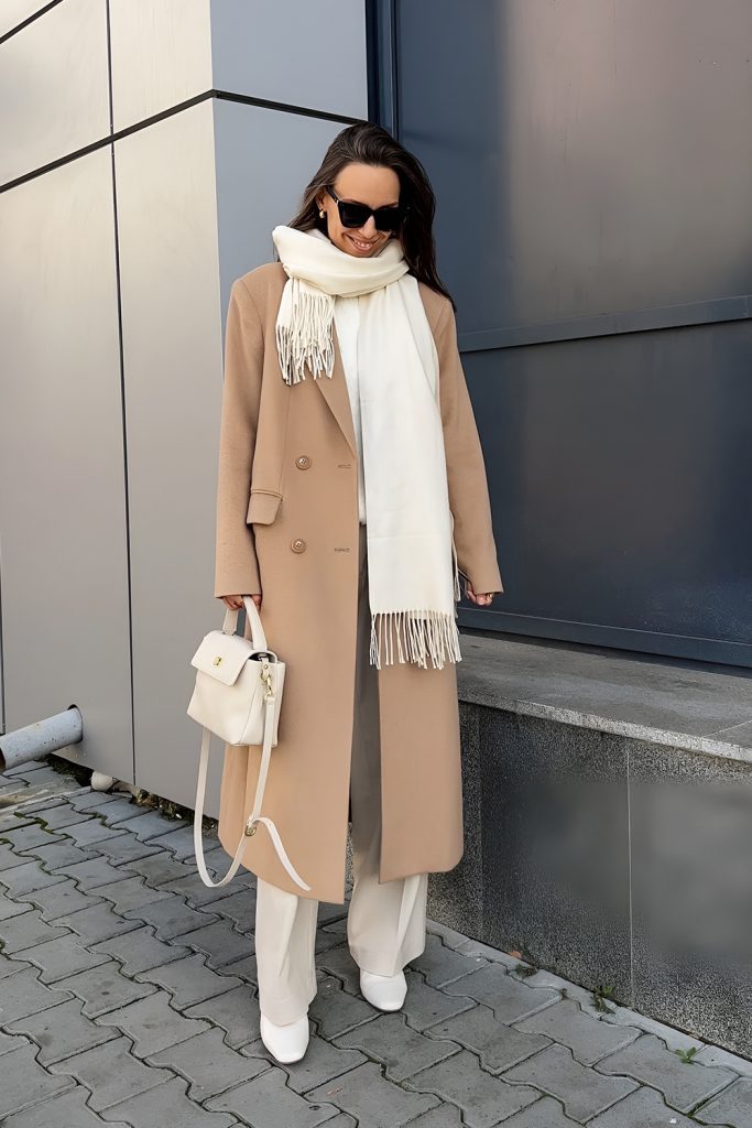 Belted Camel Coat with Neutral Tones and Accessories
