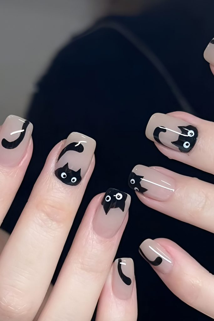Black Cat Silhouettes on Nude Polish