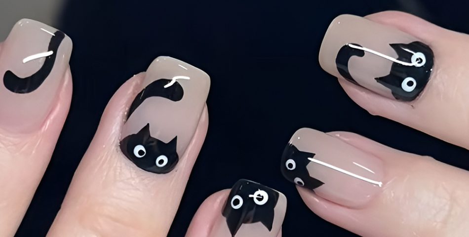 Black Cat Silhouettes on Nude Polish