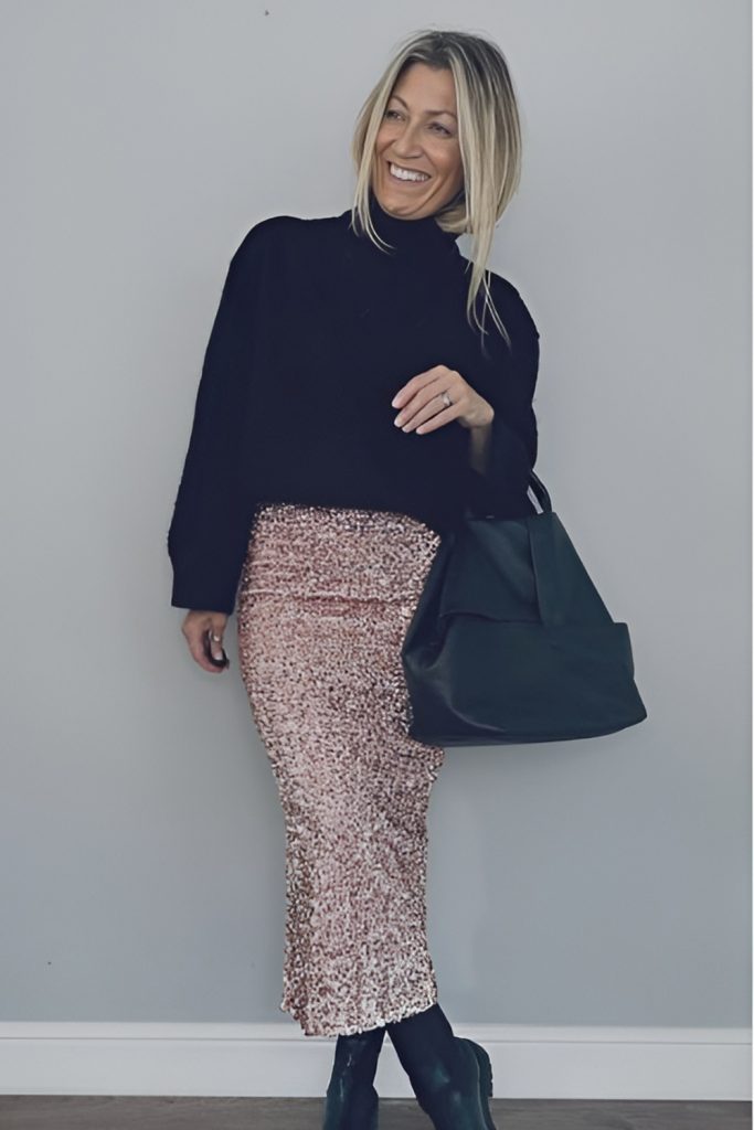 Blush Sequin Skirt with Cashmere Sweater