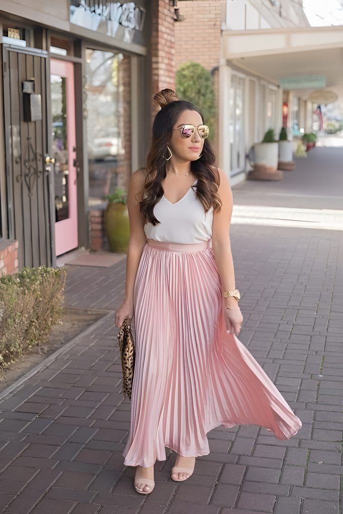 Blush Silk Camisole with High Waisted Pleated Skirt