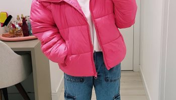 Bubblegum Pink Puffer with White Jeans