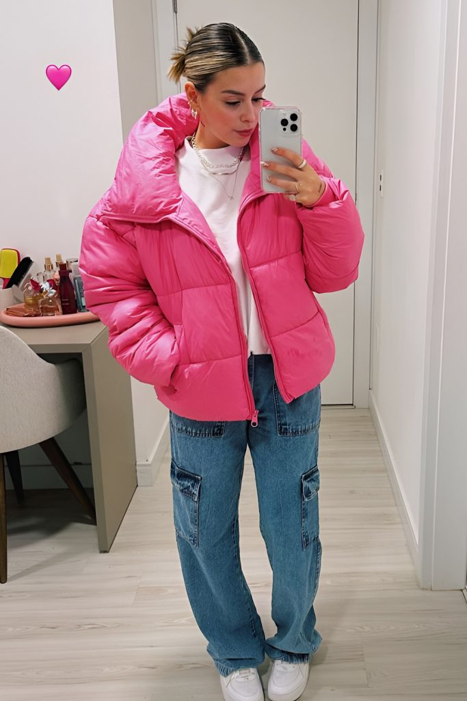 Bubblegum Pink Puffer with White Jeans