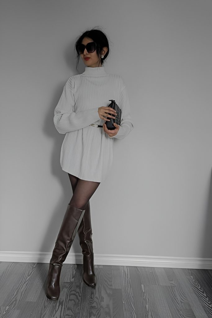 Cashmere Sweater Dress with Opaque Tights and Heeled Boots