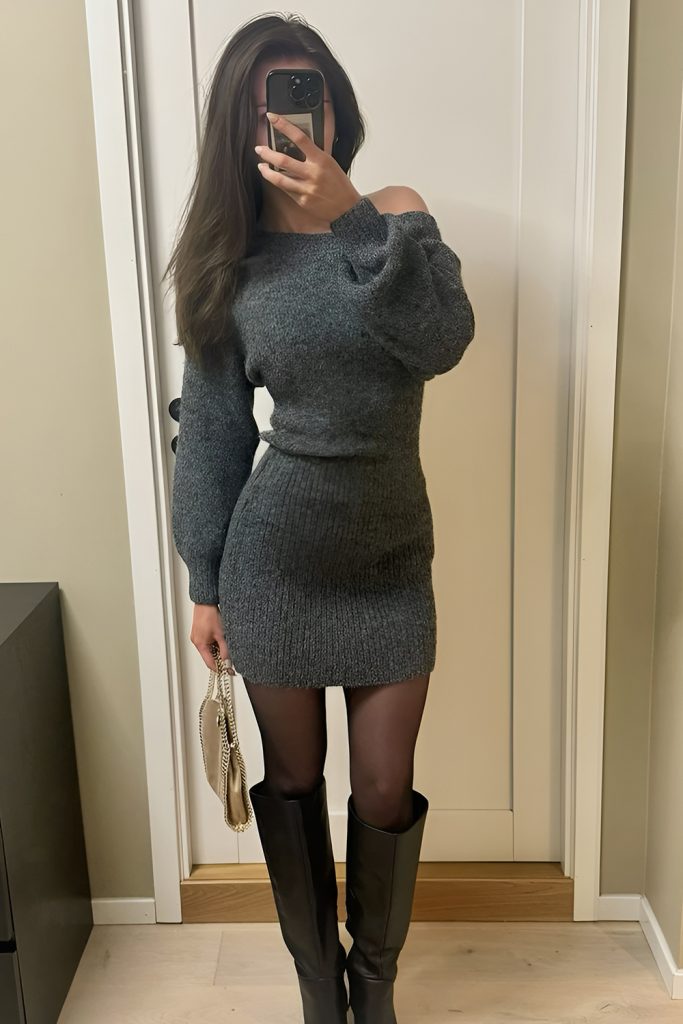 Chunky Knit Sweater with Midi Skirt and Knee High Boot