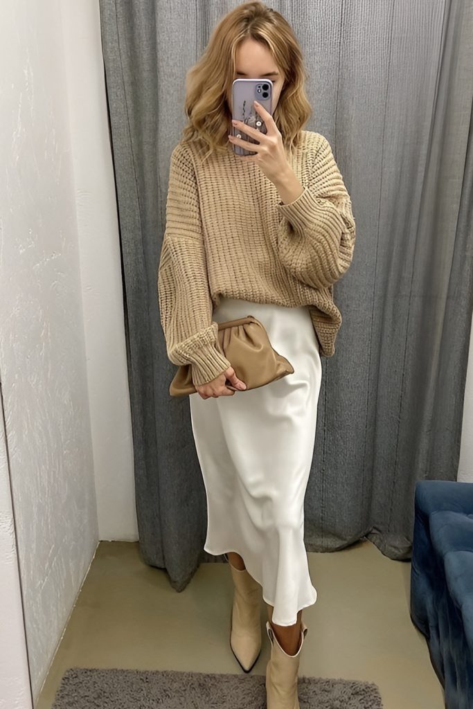 Cream Cable Knit Sweater with Satin Skirt