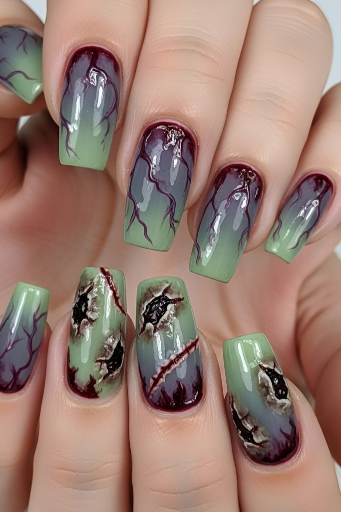 Creepy Cute Zombie Nail Art in Pastel Green
