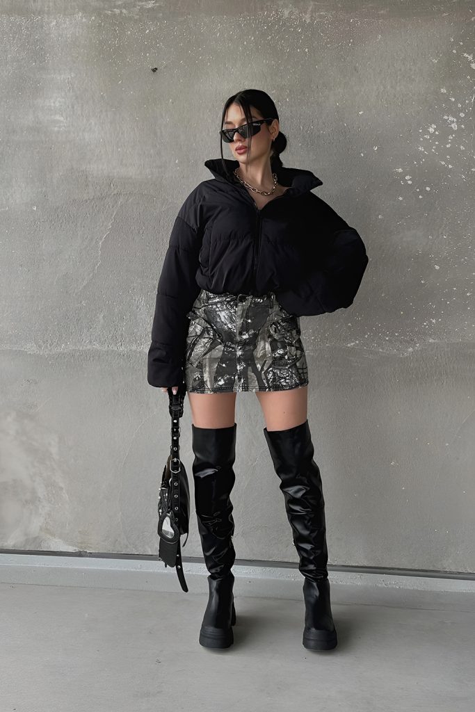 Cropped Puffer with High Rise Leather Skirt