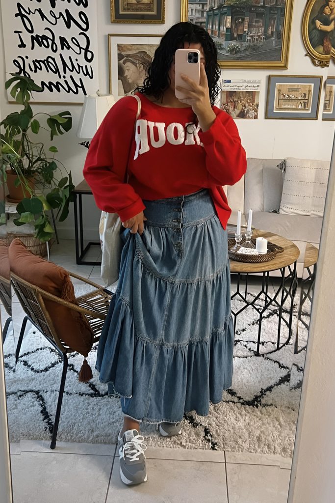 Crushed Velvet Skirt and Oversized Knit Sweater