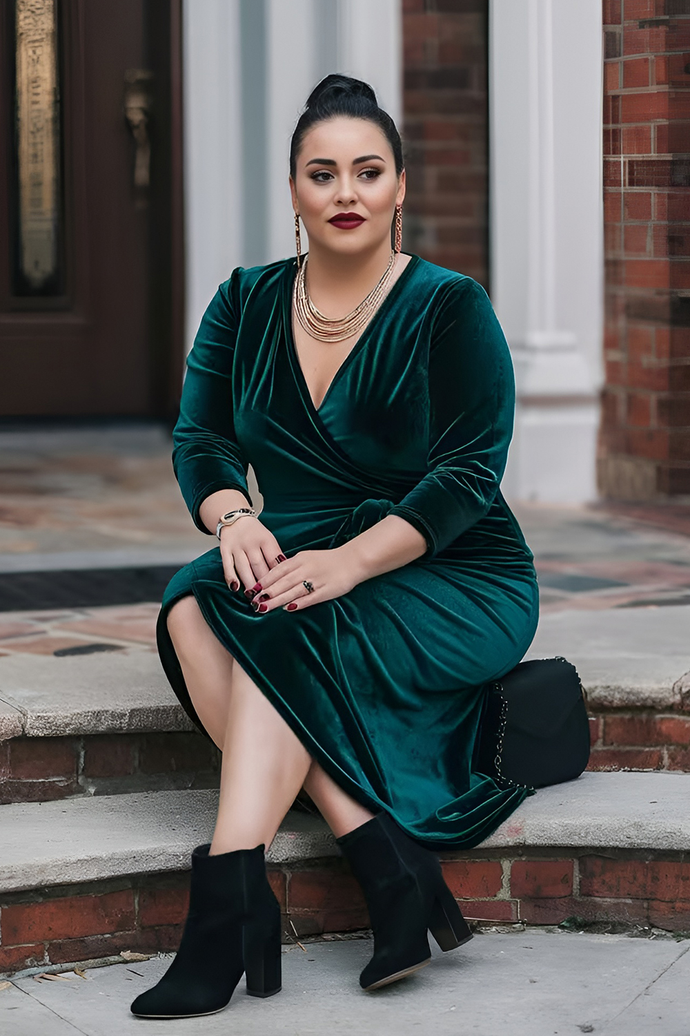 Crushed Velvet Wrap Dress with Statement Earrings