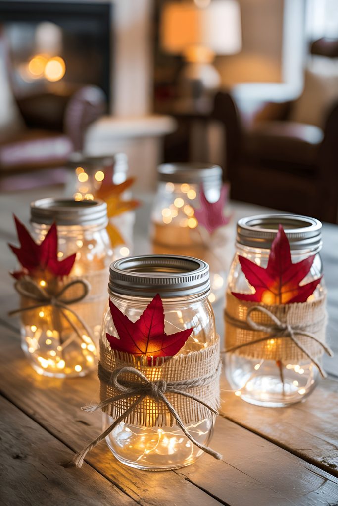DIY Mason Jar Centerpieces with Autumn Leaves and Candles