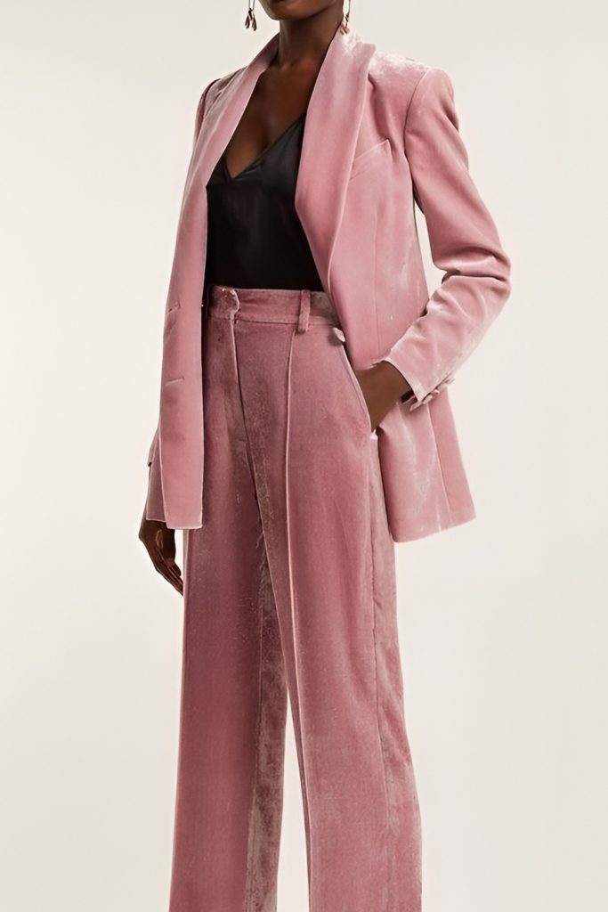 Dusty Rose Velvet Suit with Metallic Heels