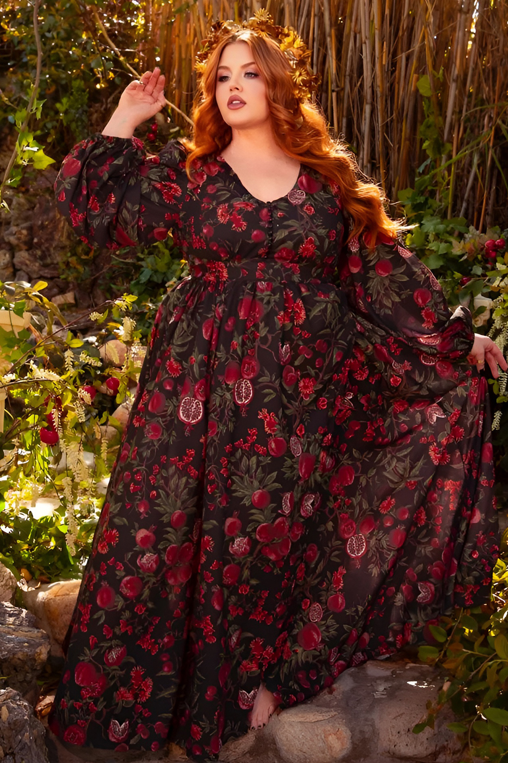 Empire Waist Detailing Dark Floral Gown