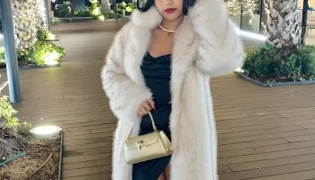 Faux Fur Jacket over Slip Dress and Knee Boots