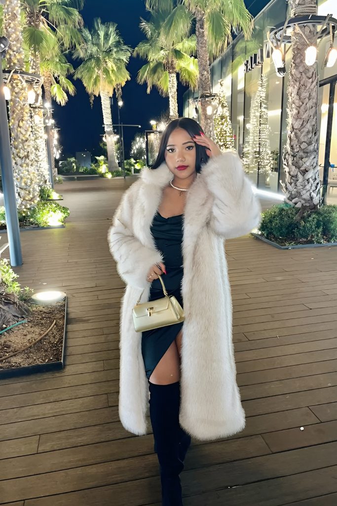 Faux Fur Jacket over Slip Dress and Knee Boots