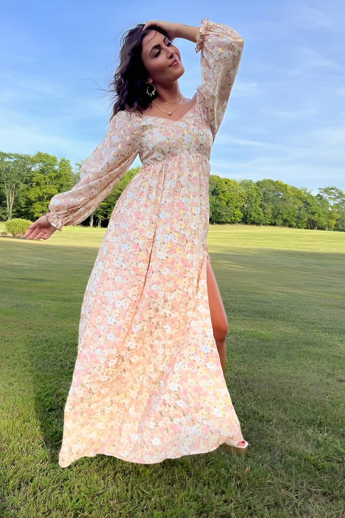 Flowing Pastel Maxi Dress with Lace Trims