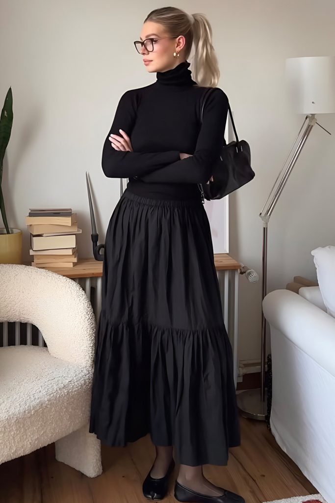 Flowy Chiffon Skirt with a Fitted Turtleneck