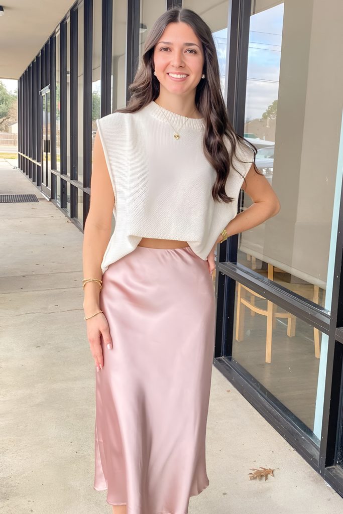 Fuchsia Satin Midi Skirt with Cozy Cream Sweater